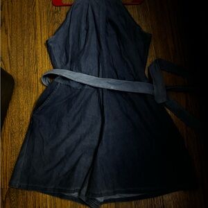 Ashley Stewart Navy Blue Cropped Jumpsuit Romper